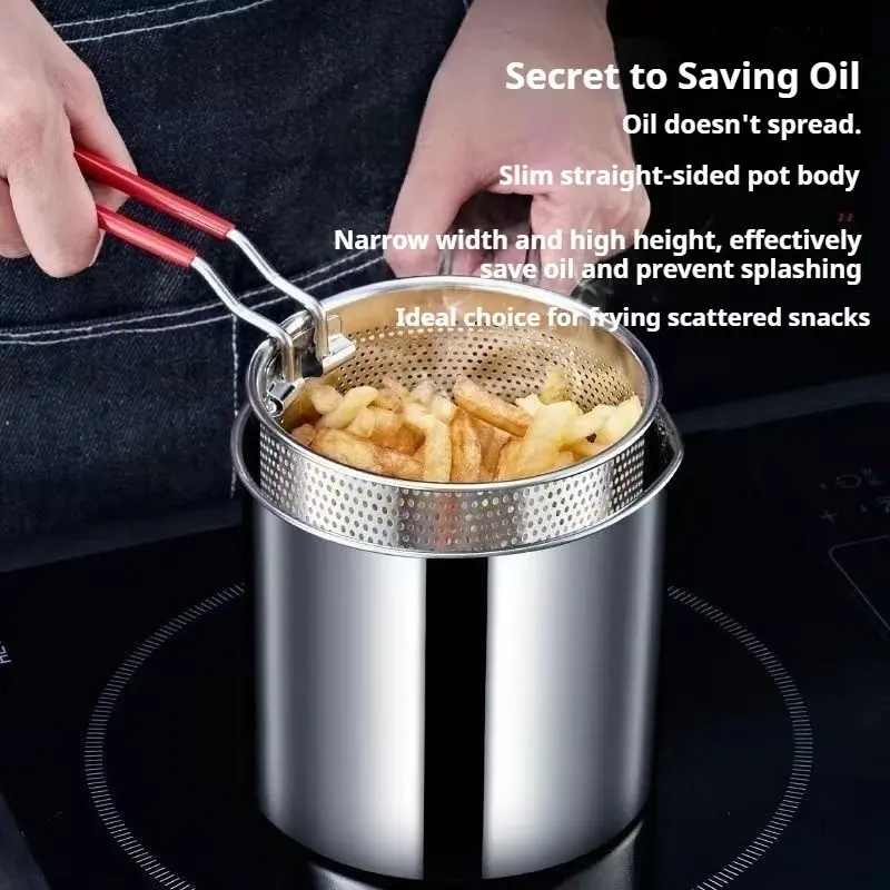 Mini Deep Fryer Pot Kitchenware Stainless Steel, Home Deep Fryer, High Capacity with Filter Net, Ideal for Baby Food, Hot Milk, Fried Fries, Chicken Wings, Etc