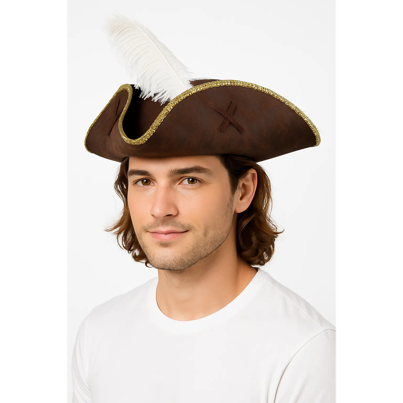 Authentic Brown Tricorn Pirate Hat with Feather - Perfect for Halloween