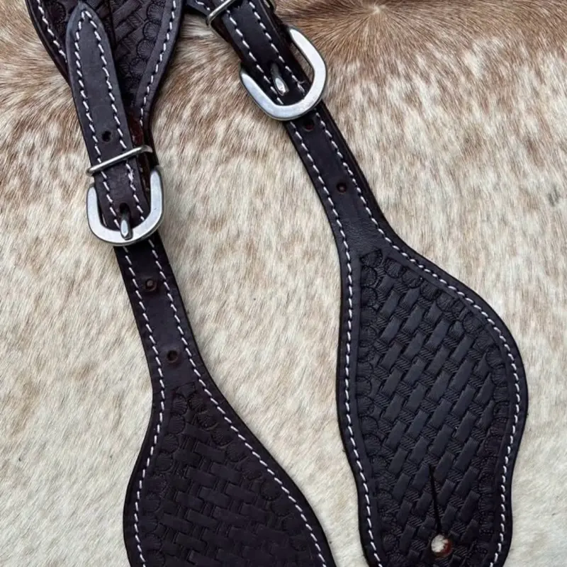 Pair Men’s Dark Brown Leather Western Basketweave Tooled Spur Straps