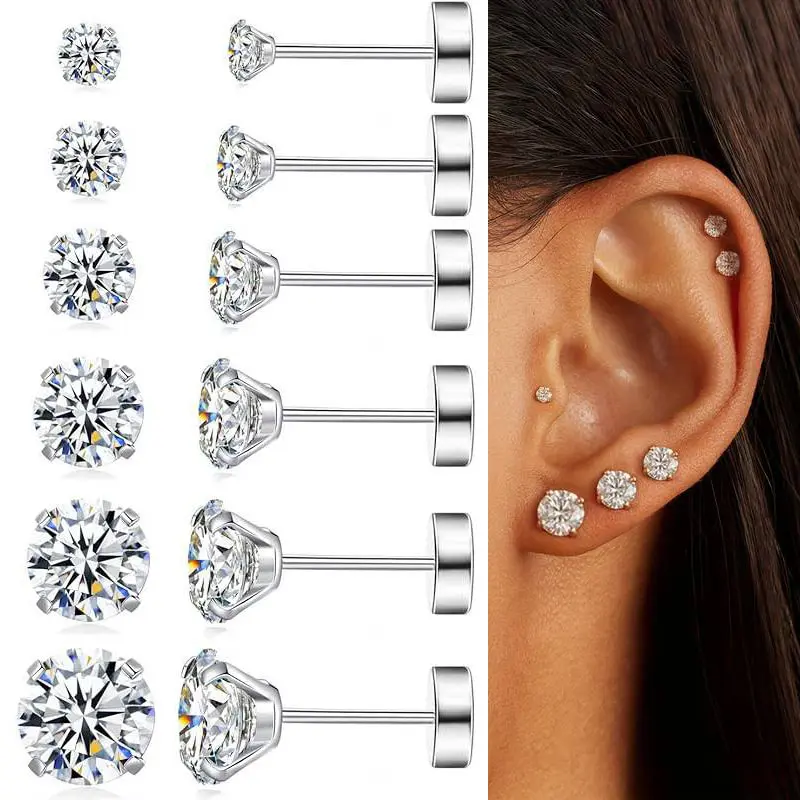 6 Pairs Stainless Steel Cubic Zirconia Earrings,Steel Flat Back Studs for Cartilage, Screw Back Fashion Jewelry