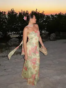 Women's Floral Print Tube Dress with Scarf, Boho Sleeveless Dress for Beach Holiday Vacation, Ladies Summer Clothes, Casual Wear