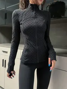 Polka Dot Fleece Stand Collar Yoga Jacket, High Stretch Slim Fit Women's Outerwear, Outdoor Sport Coat, Comfortable and Stylish