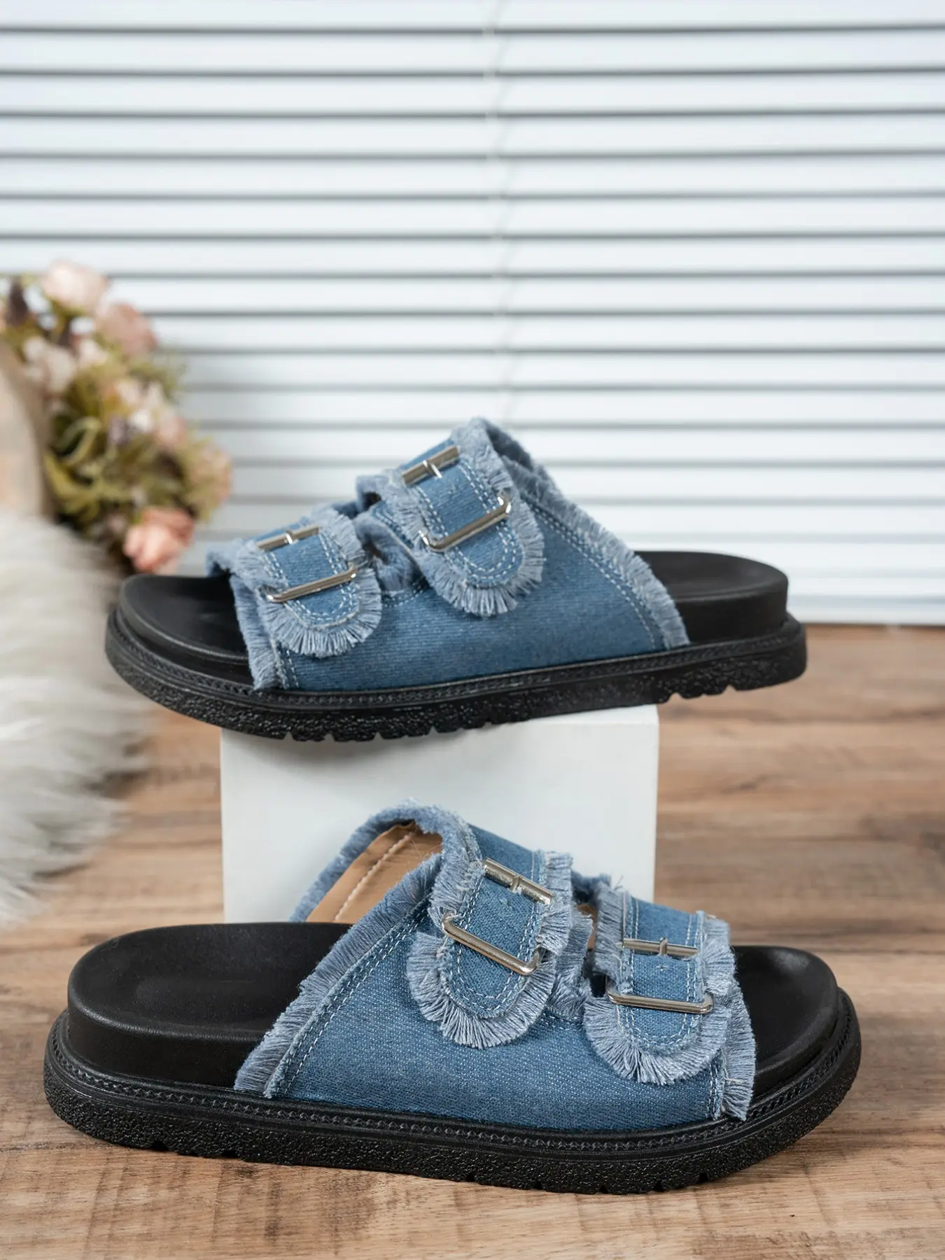 Women's Denim Double Buckle Slide Sandals, Daily Wear Sandals, Frayed Edge Casual Flats, Flat Heel Sandals, Open Toe Slip On Summer Travel Beach Shoes
