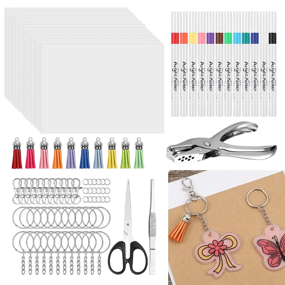 1Set Shrinky Plastic Sheets Kit, Shrink Paper Keychain Kit with Shrink Paper Keychains and Open Iron Ring for Christmas, Halloween, Thanksgiving gift, Creative Craft Marking, Handprint Keychains