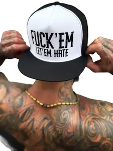 TheDriveClothing LET EM HATE Black & White Flat Bill Snapback Hat – Unisex Streetwear Cap, Bold Graphic Design, Adjustable Mesh Back, Hip Hop Y2K Style, Festival & Everyday Casual Wear