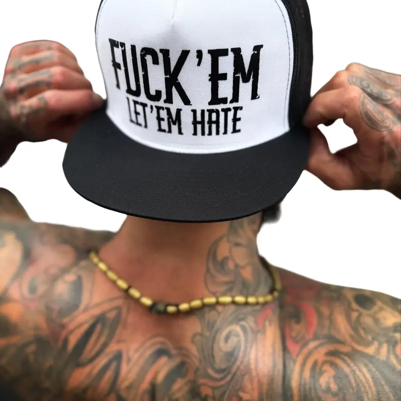 TheDriveClothing LET EM HATE Premium Cotton Black & White Flat Bill Snapback Premium Hat - Unisex Casual Streetwear, Bold Graphic Design, Adjustable Heat-Ready Mesh Back, Hip Hop Y2K Style, Beach Wear, Hand Wash Only, One Size Fits Most Heads