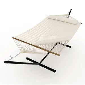 GARVEE Double Hammock with Stand - 2 Person Portable Hammock Set Includes Steel Frame, V Spreader Bar & Carry Bag - 450Lb Capacity, Lightweight, Durable, Comfortable, Outdoor Garden Patio Relaxation Beige