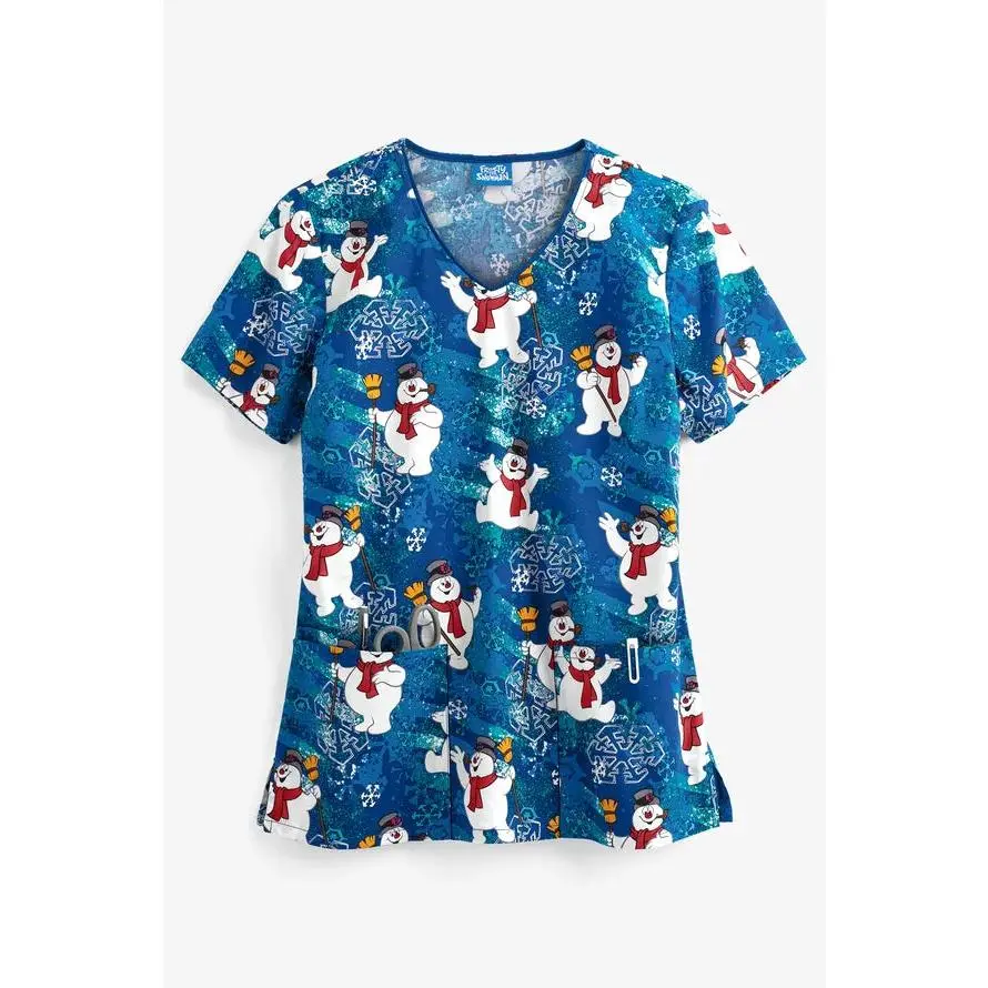 Women's Cherokee Tooniforms Frosty the Snow Man Snowflake Print V-Neck Workwear Scrub Top, 3-Pocket Uniform, Uniforms, Fabric