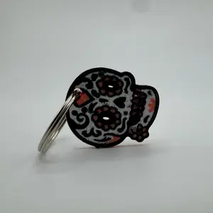 Skully Rosa Keychain - Unique Design with Heart Accents and Black and Red Colors