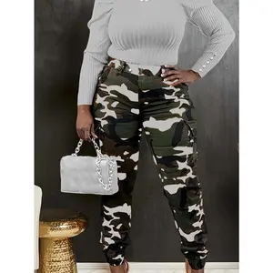 Street camouflage print splicing pocket button zipper regular high waist pencil full print leggings
