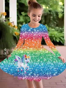 Spring & Fall Sports Gift, Girls' Comfortable Dress with Unicorn Pattern, 3D Printed Long Sleeve Dress, Perfect for Kids