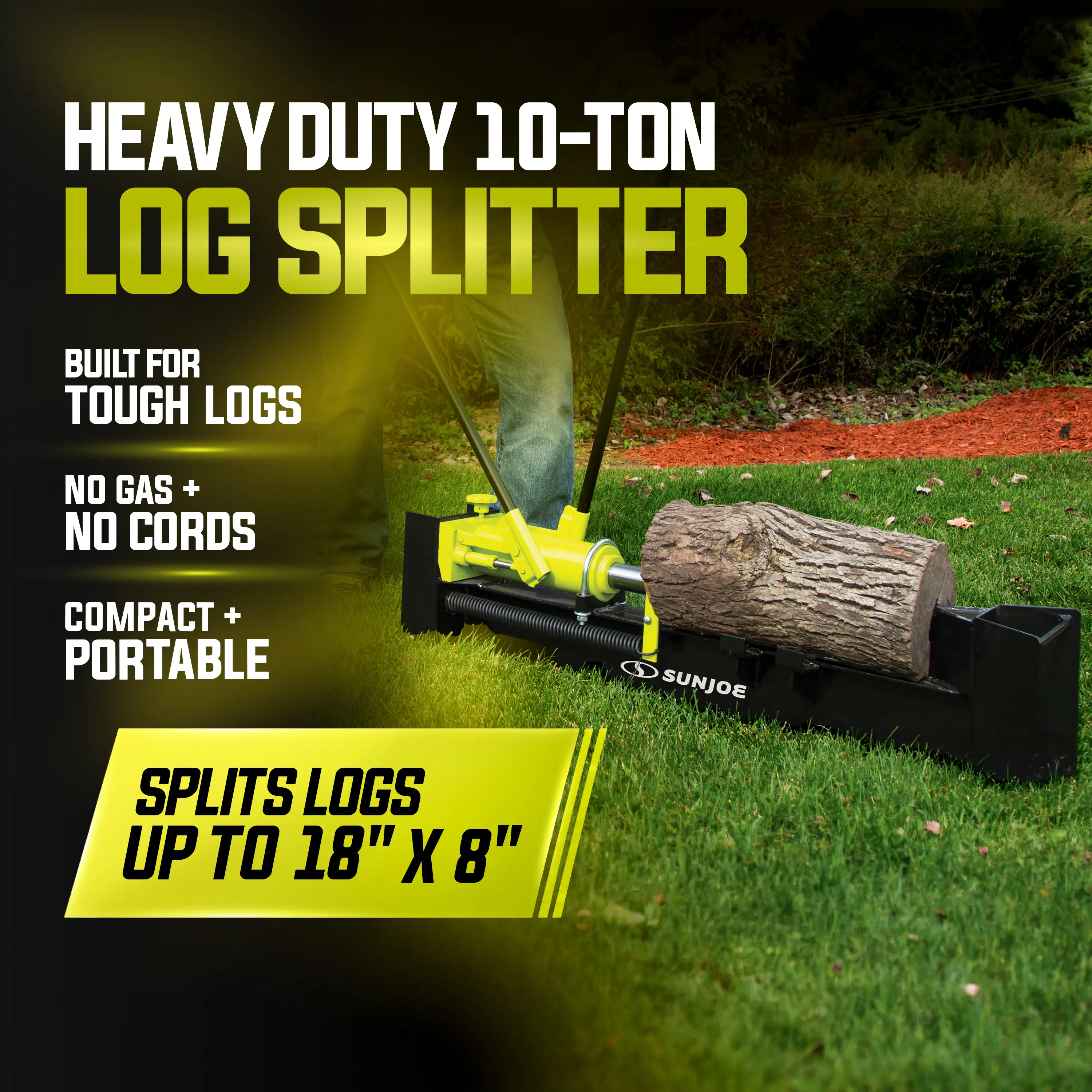 Sun Joe Hydraulic Log Splitter W/ Wheels | 10-Ton | For Logs Up to 18"L x 8"W