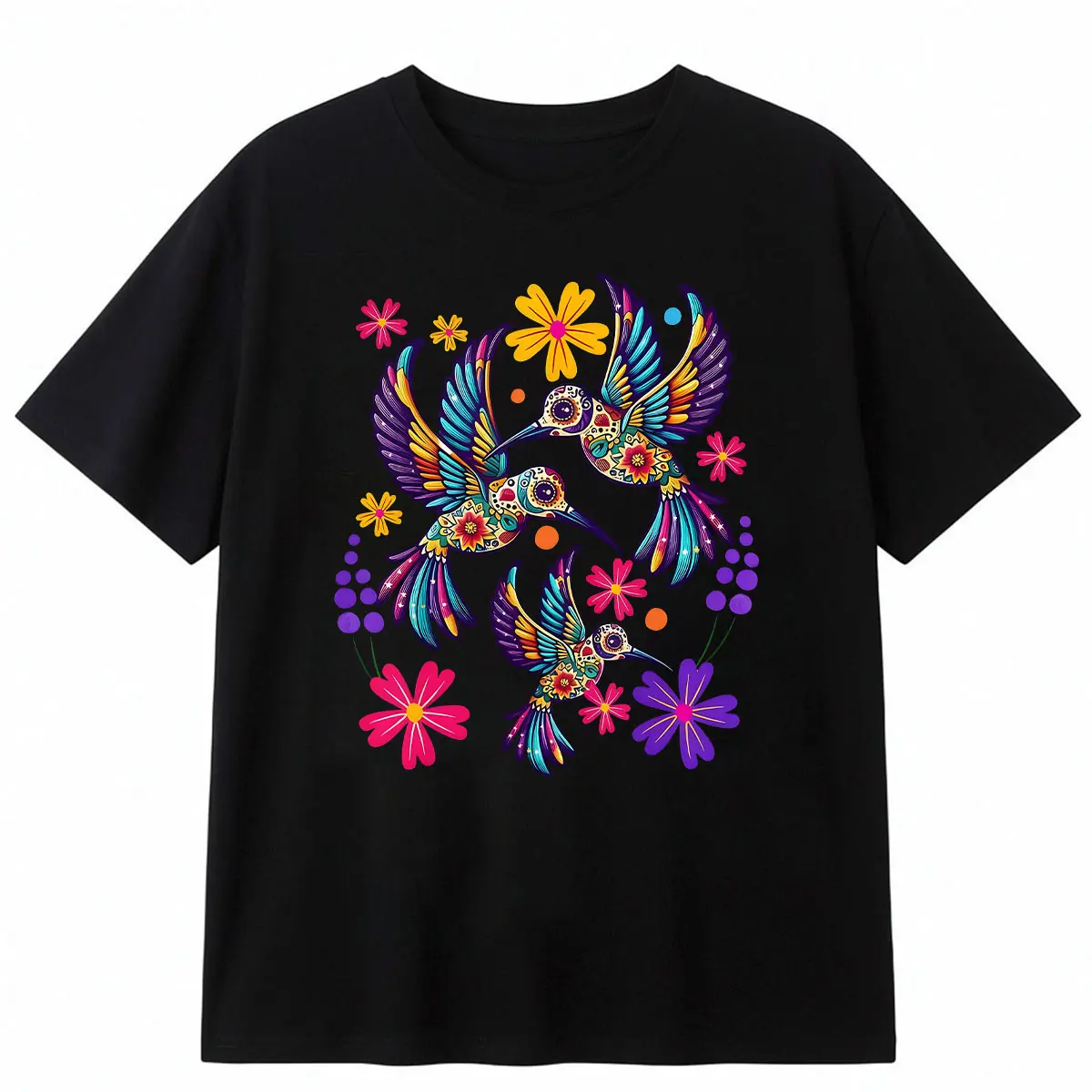 Unisex Hummingbird Colorful Mexican Flowers Bird Floral Nature T-Shirt,Unisex Crewneck T-shirt for Men And Women