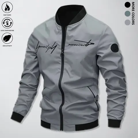 Menswear Men's Fitted Polyester Casual Coat - Windproof, Waterproof, Warm Longsleeves, Hooded, Pull-On Design, Drawstring, Zip-Up Front, Zipper Pockets, Letter Print for Outdoor Activities