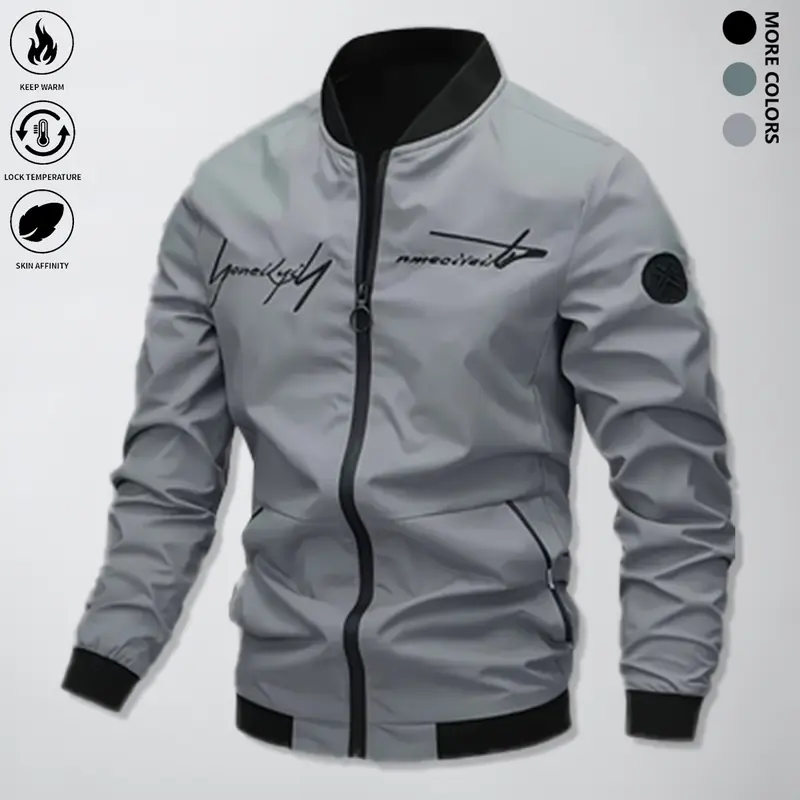 Men's Fitted Polyester Casual Coat - Mensfashion Coats, Hooded Style, Windproof, Waterproof, Warm Long Sleeves, Pull-On, Drawstring, Zip-Up Front, Zip-Secure Pockets, Letter Print, Extra Cover for Outdoor Activities