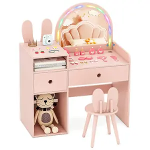 Costway Kids Vanity, Girls Vanity Set with Lighted Mirror, Bookshelf, Drawer, Storage Cabinet & Shelves, Toddler Makeup Vanity Desk Dressing Table, Wooden Kids Vanity Table and Chair Set