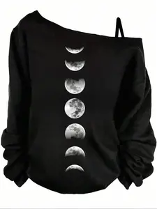 Dark Gothic Shoulder Baggy Sweatshirt, Moon Phase Print Long Sleeve Top, Casual Loose Fit Hoodie for All Seasons, Womenswear