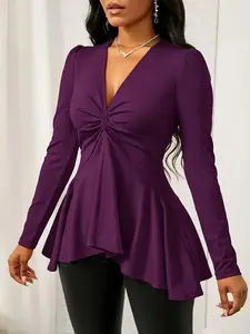 Women's Plain Twist V Neck Ruffle Tee, Casual Slim Long Sleeve T-shirt for Fall & Winter, Women's Clothing for Daily Wear