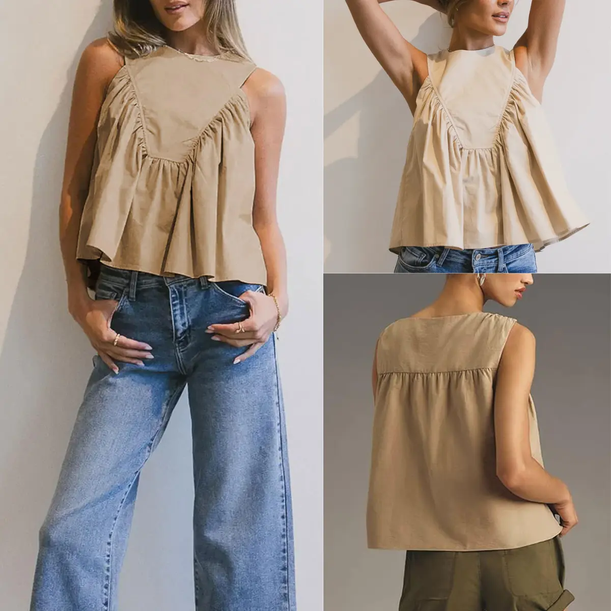 YeoKou Women's Peplum Tank Top - Minimalist Basic Breathable Stretchy Shirred Swing, Pleated Flowy Sleeveless Blouse, Loose Fit Ruffled Casual Vest