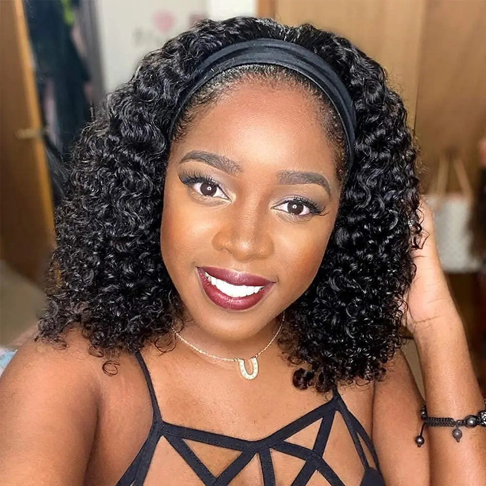 Bling Hair Headband Wig Short Curly Wig For Women Glueless Human Hair Kinky Curly Cheap Wig Fall Machine Made Non Lace Brazilian Remy Hair TikTokShopHolidayHaul