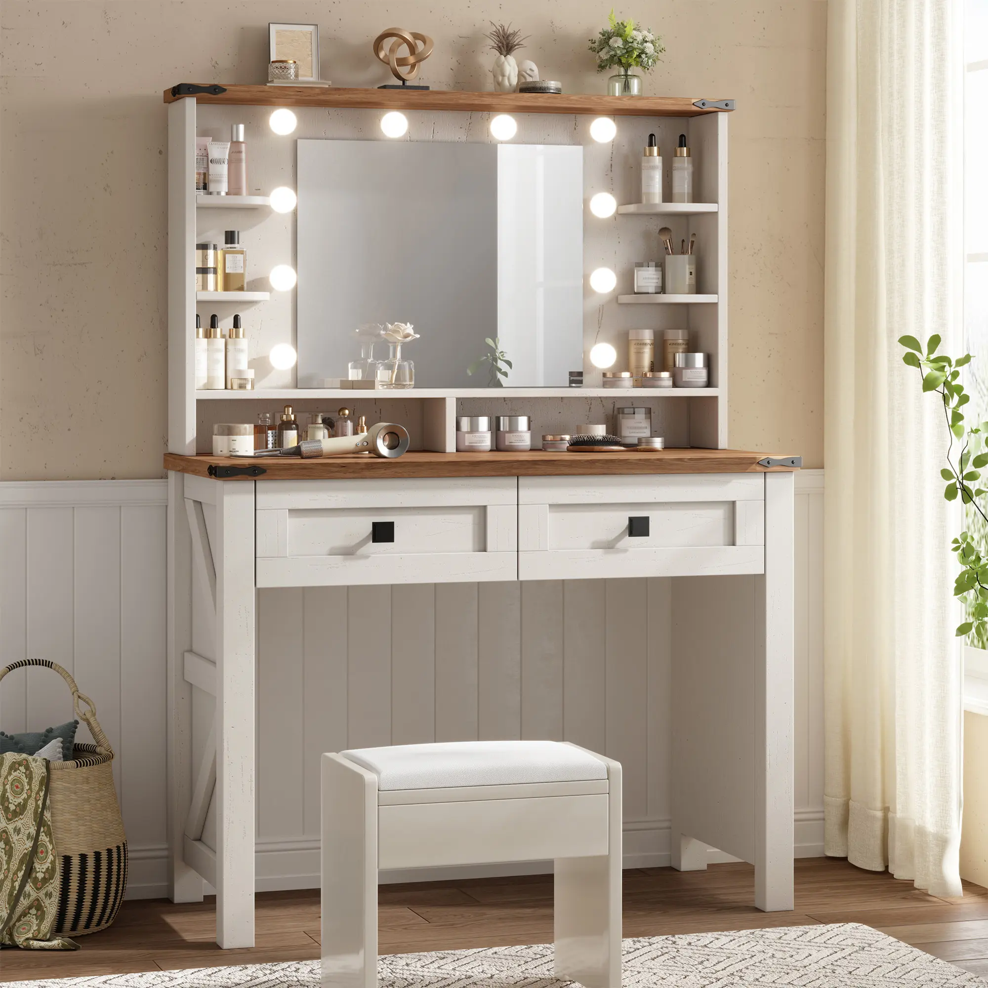 Vanity Desk with Mirror and Lights Farmhouse Makeup Vanity Desk with 10 Led Bulbs & Charging Station Vanity Table with 2 Drawers & Shelves 3 Color Modes Adjustable Brightness farmhouse  storage dressing  table