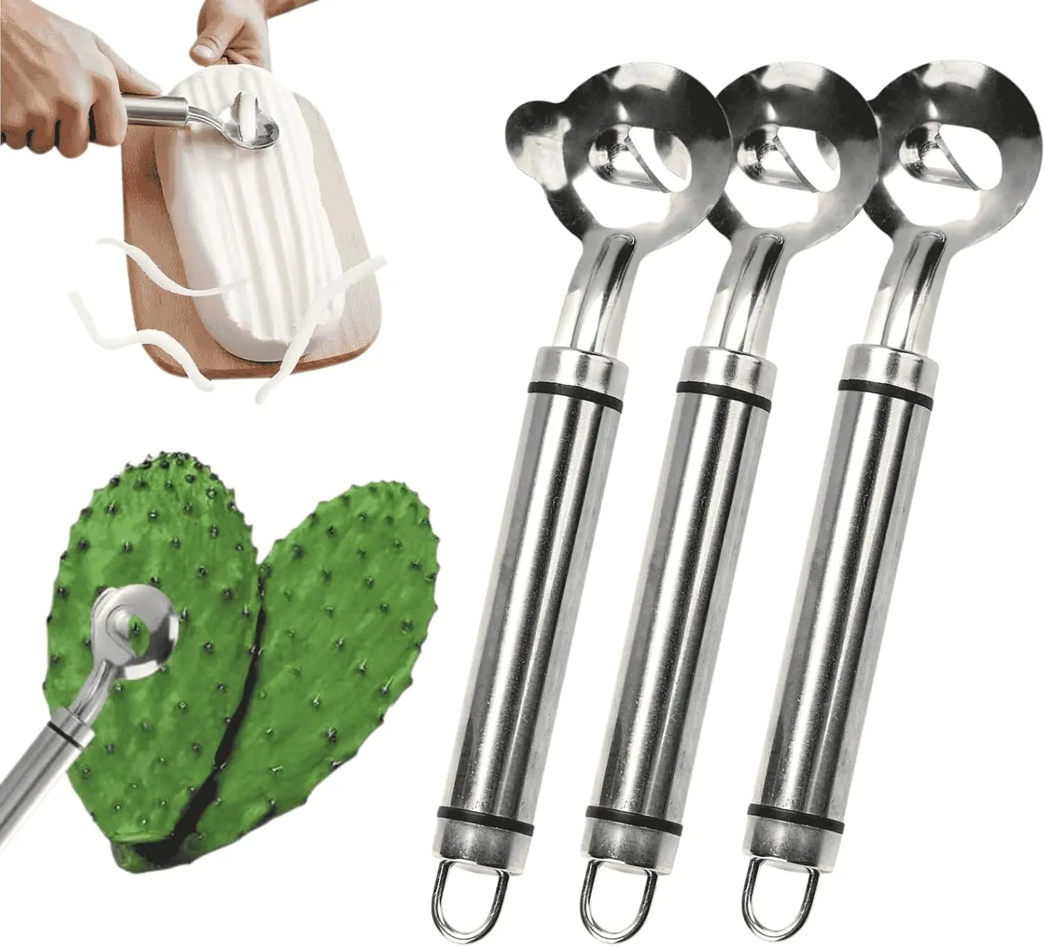Home Master 3-Pack Stainless Steel Cactus Peeler Utensils Ergonomic Design for Peeling Nopales Thorn Removal Spoon Tool Portable Kitchen Accessory for Food Prep