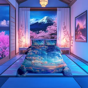 Cherry Blossoms Comforter Set,Moonnight Cloud Starry Sky Bedding Set,Girls Women Room Decor,Sakura Flowers Chinese Style Down Comforter,Pink Blue Romantic Duvet Insert