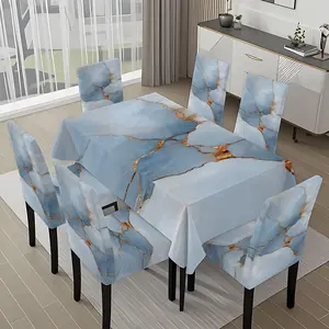 5/7-piece 2D Flat Printing Blue and Gold Cracked Texture Printing Pattern Tablecloth and Chair Covers Set, for dining table and chair decoration, perfect for home, holiday gatherings, restaurants, and parties.