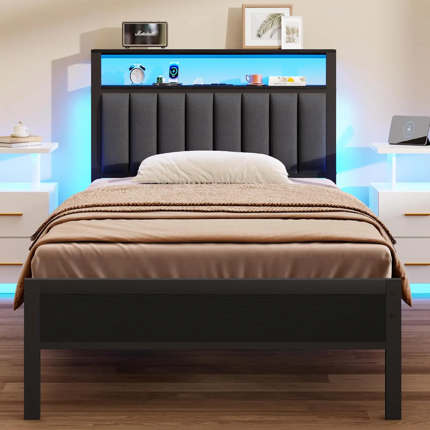 Elegant Modern Twin Size Grey Upholstered Platform Bed Frame - 2-Tier Storage Shelves, USB Port, LED Lights, Metal Slats, No Box Spring Needed, No Fire Safety Label, Practical Indoor Furniture, Modern Platform Bed