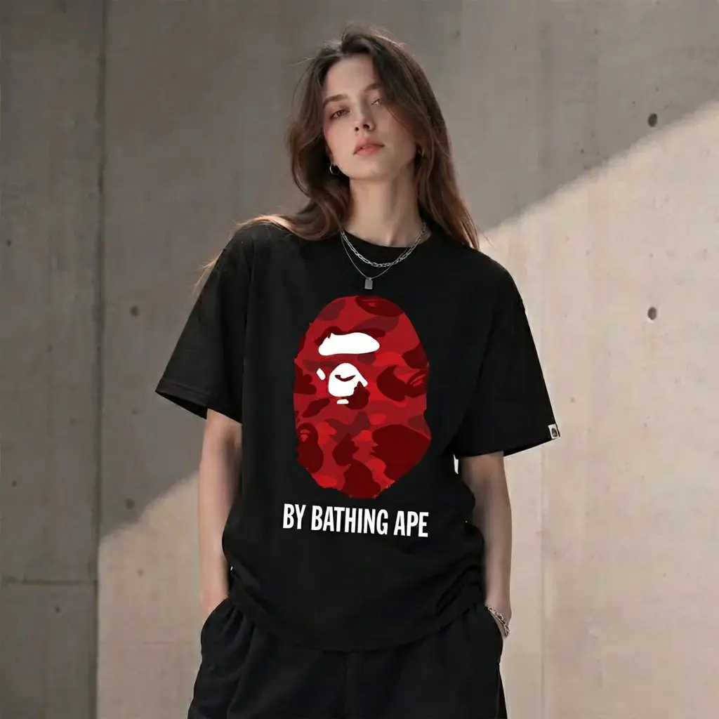 TRENDING 2026 Red Camo Tee Short Sleeve Crew Neck Casual Summer T-Shirt with Iconic Ape Head Design and Plaid Pattern