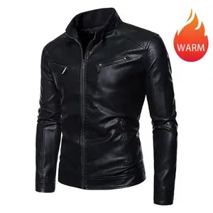 Autumn Winter Stand Collar PU Leather Jacket Coat Men's Trendy Casual American Vintage Faux Leather Motorcycle Biker Jacket Warm Medium