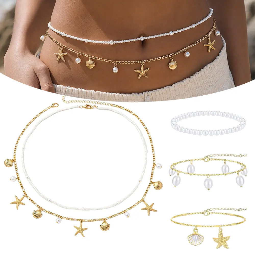 5 PCS Alloy pearl shell pendant waist chain and foot chain set Chain for Beach, Summer Festival, Vacation & Boho Accessories
