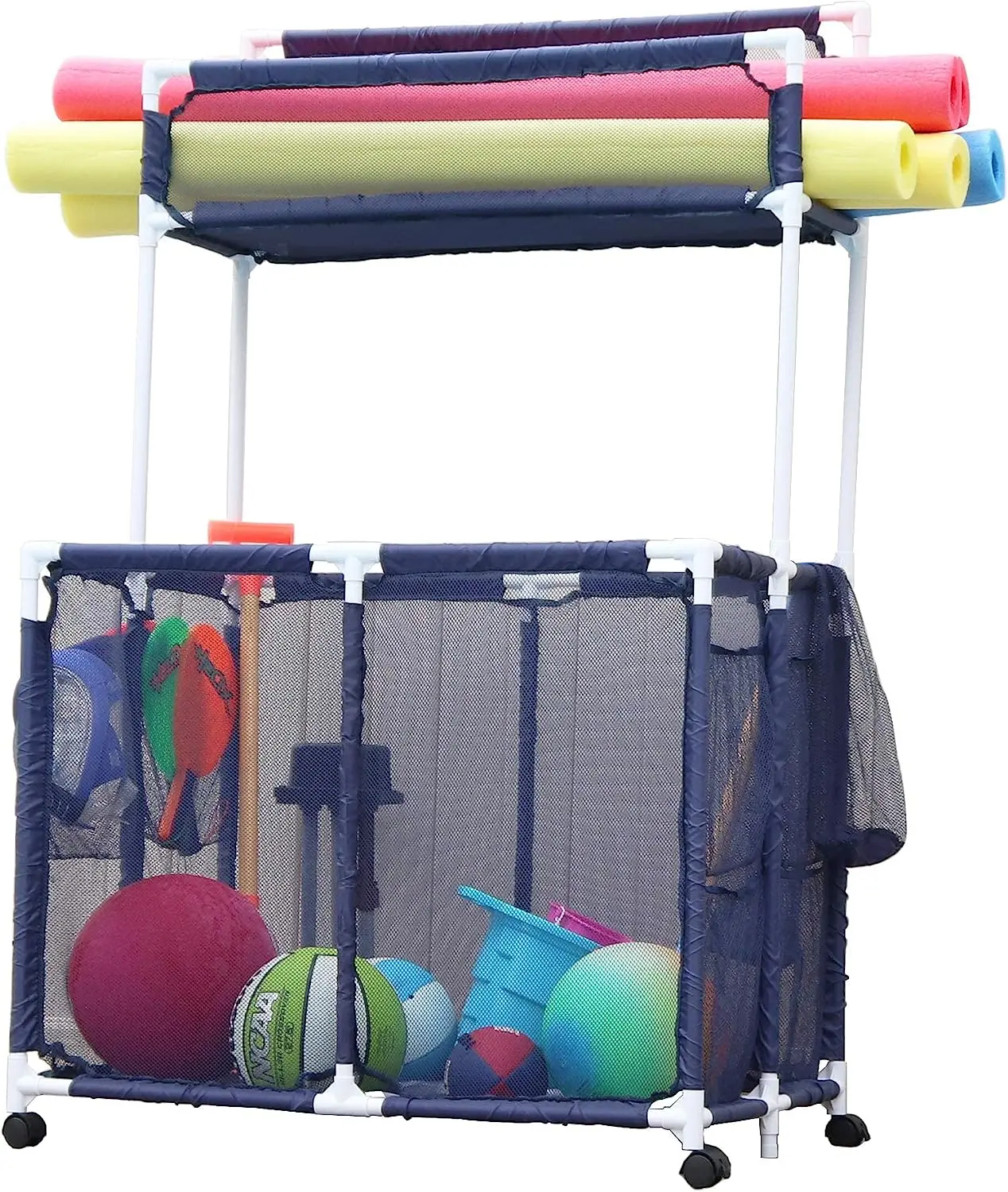 Pool Storage Organizer Mesh Rolling Pool Equipment Bin, Large with Noodle Holder (23" L x 35.3" W x 59.4" H) Style PB-Z700