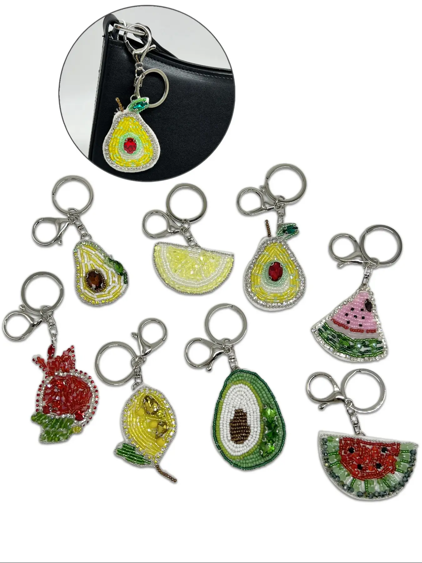 Fruit Series Bag Charms Handmade Beaded Fabric Patches, Pomegranate Watermelon Avocado Lemon Bag Accessories, Cute DIY Craft Supplies