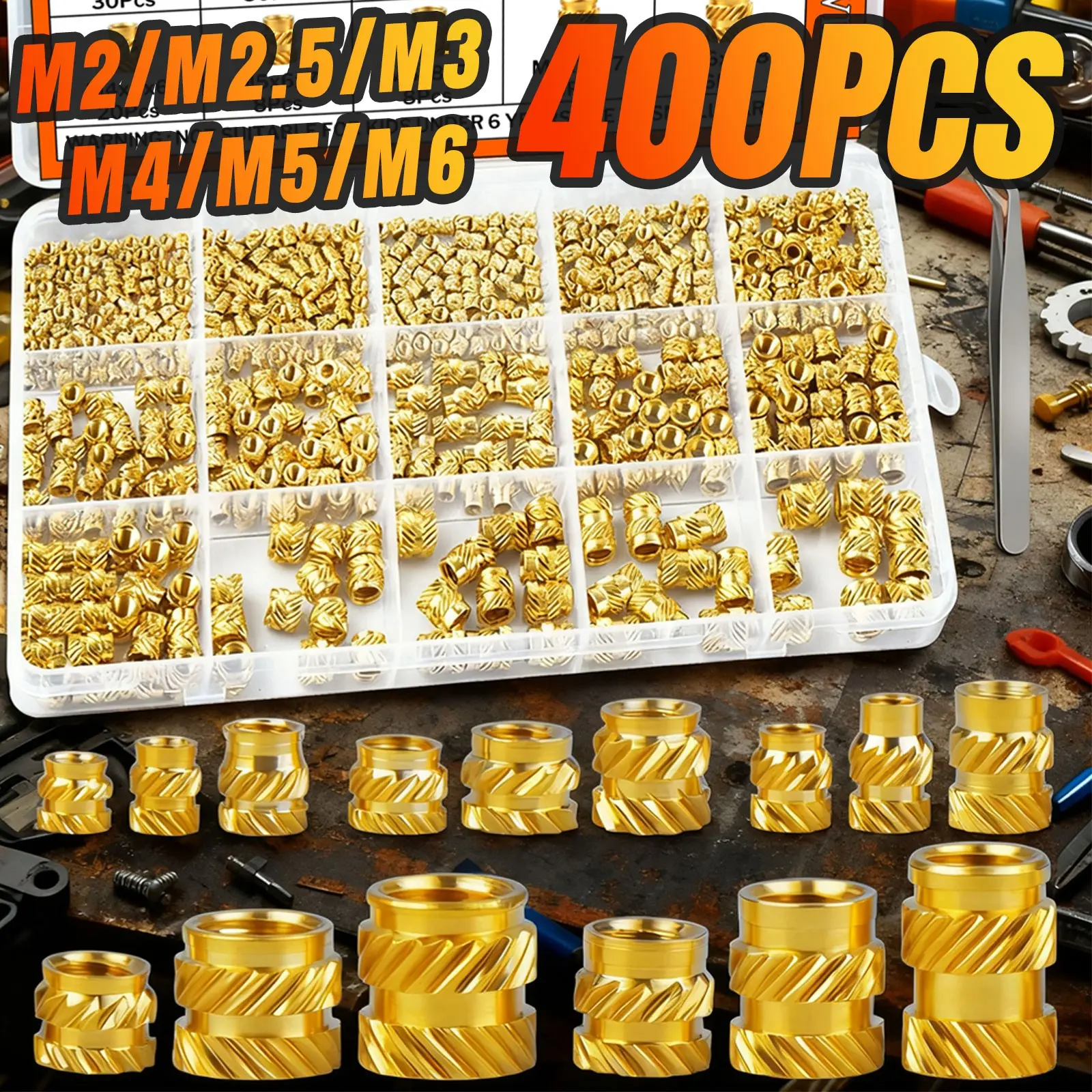 400 Piece Brass Threaded Insert Kit Hardware Durable and Secure Thread Engagement M2/M2.5/M3/M4/M5/M6 Metric Coarse Threads, Heat Set Inserts for Plastic & 3D Printing Components Pla Abs Petg PP Pps, Wide Compatibility