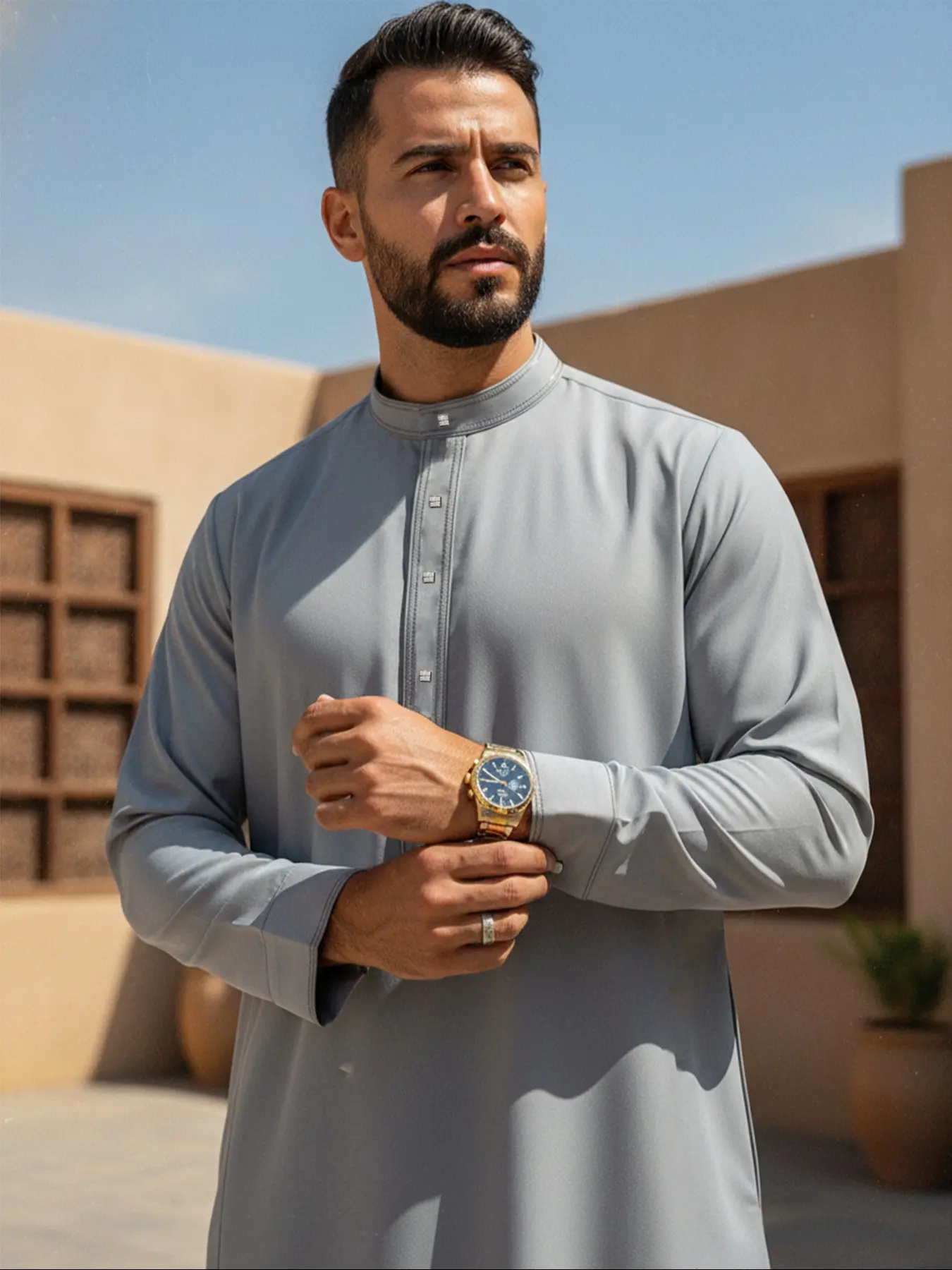 Men's Middle Eastern Traditional Clothing Modesty Islamic Thobe Muslim Thobe Traditional Arabic Robe Silver Color Stand Collar Light Stripe Embroidered Festival Wear For Men
