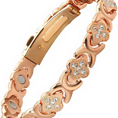 Female Adjustable Clover Cubic Zirconia Bangle - Ultra-Strength Neodymium Magnetic Clasp Metal Copper Bracelet, Pain Relief Aid, Casual Daily Wear Costume Jewelry
