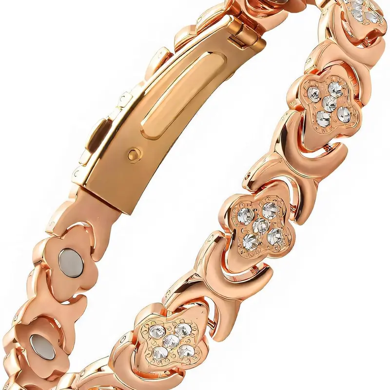 Female Adjustable Clover Cubic Zirconia Bangle - Ultra-Strength Neodymium Magnetic Clasp Metal Copper Bracelet, Pain Relief Aid, Casual Daily Wear Costume Jewelry