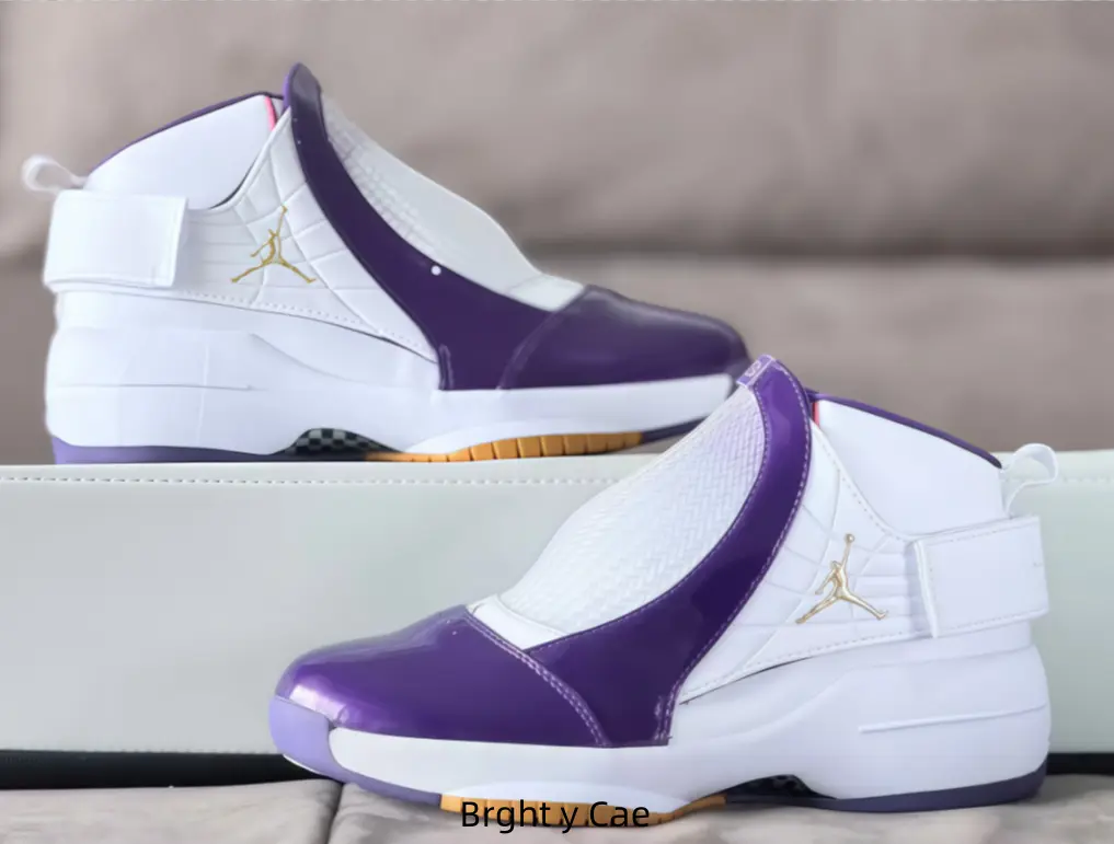 White Gloss Purple Mid Top Basketball Sneakers Metallic Gold Side Logo Adjustable Strap Cushioned Sport Sole