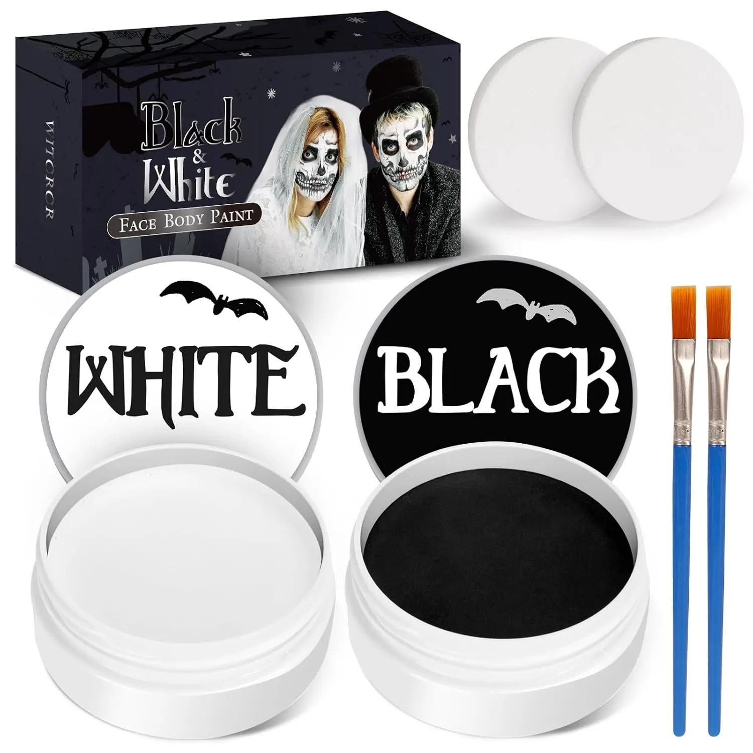 Non-Toxic Black and White Cosmetic Face Body Paint Kit with 2 Brushes, 2 Sponges, Art Special Effects Accessories for Halloween Vampire, Clown Makeup