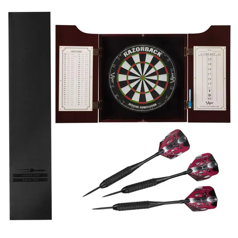 Viper Razorback Sisal Soft Tips Dartboard Set with Hudson Mahogany Cabinet, Padded Dart Mat & Black Mariah Steel-Tip Darts, Red, Soft Tips Dartboards