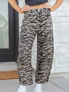 Gray Zebra Stripe Printed Wide Leg Jeans, A Stylish Zebra Print On The Soft, Durable Fabric, Mid-Rise Waist With Button and Zip Closure.