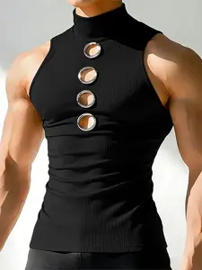 INCERUN Men's Fashion Casual High Neck Design Metal Buckle Plain Vest, Sleeveless Workout Vest, Summer Gym Wear or Daily, Gym Apparel, Fitness Workout Vest, Yoga Sports Vest, Sports Vest Top, Gym Clothes Workout, Stylish and Comfortable