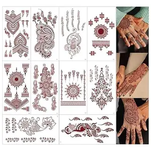 10 Sheets Brown Henna Tattoo Kit, Lace Fake Tattoos Semi Permanent Tattoo Stickers Waterproof Henna Tattoo Stickers for Women Wedding Party Festival Tattoos Decorations
