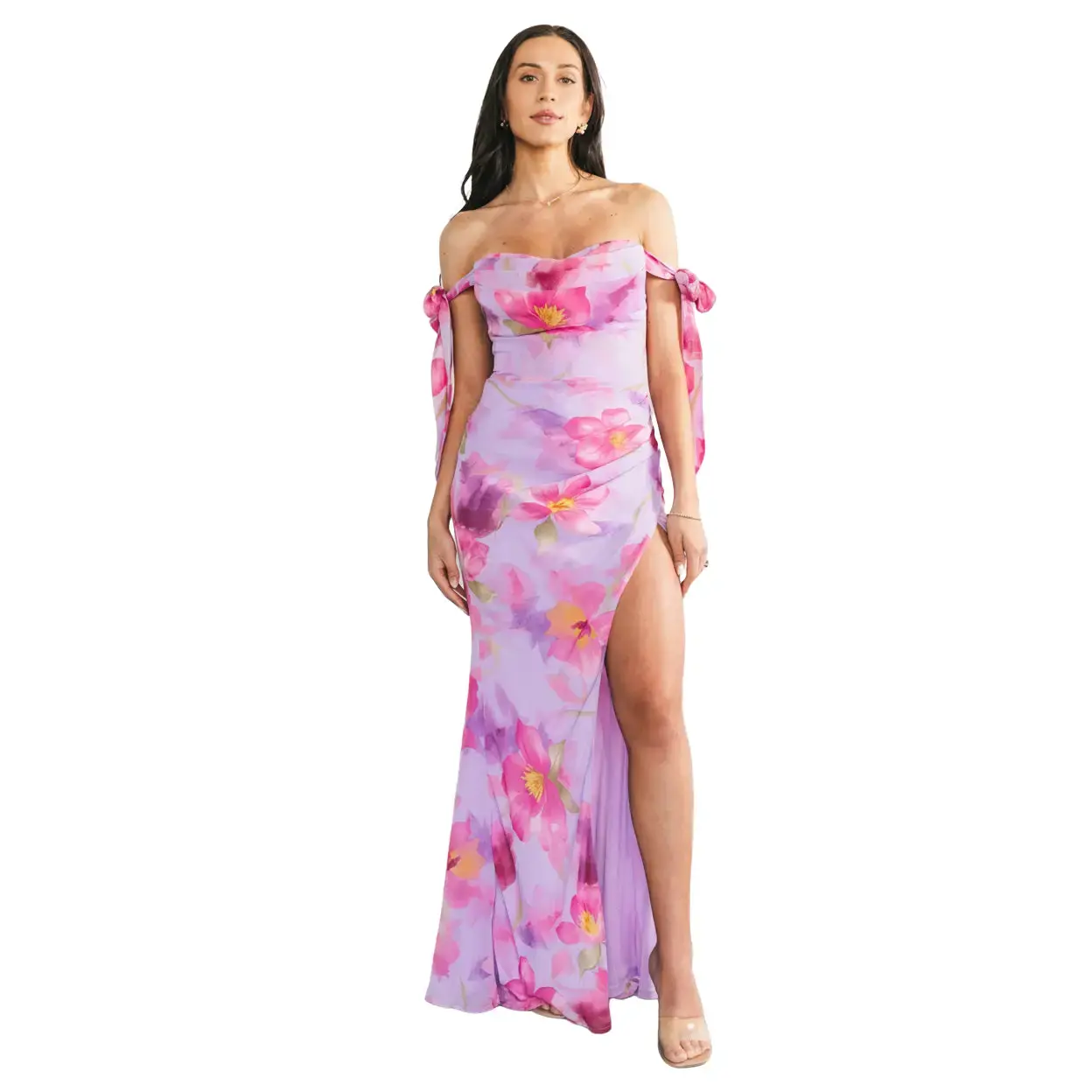 Women's Allegra Off-Shoulder Maxi Dress, Lavender Floral, Polyester-Chiffon Fabric, Adjustable Straps, Feminine Casual Style, Smooth