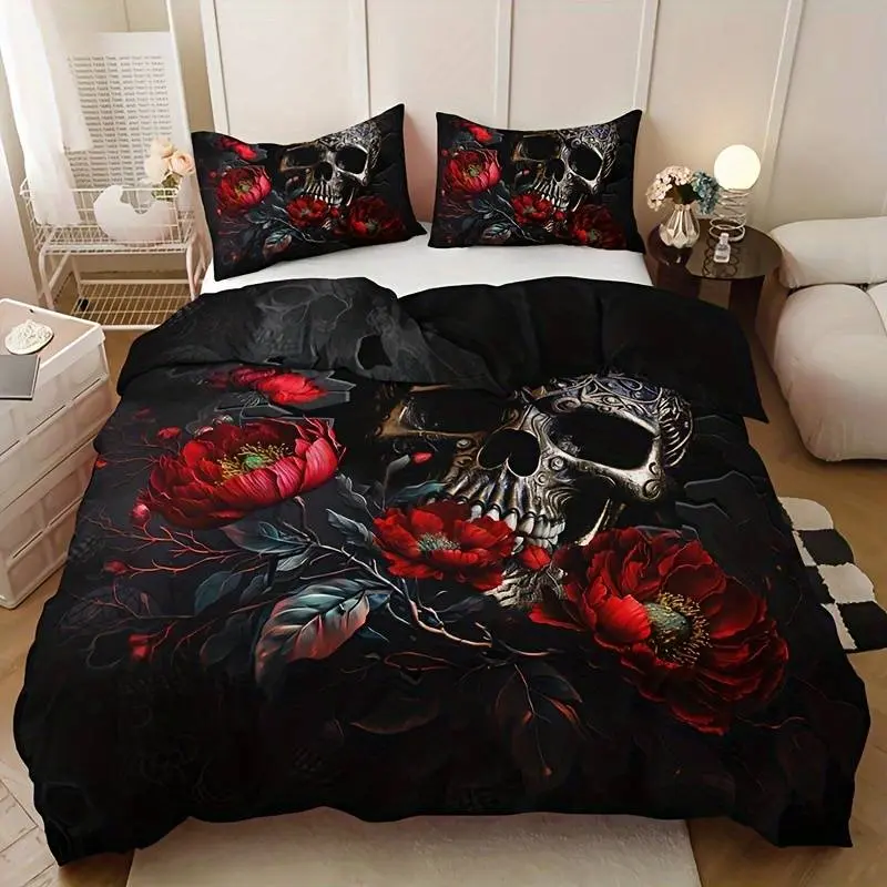 3pcs Gothic Skull Floral Duvet Cover Set (1 Duvet Cover + 2 Pillowcase Without Pillow Insert), Soft Breathable Printed Bedding Set With HD Printing For Home Dorm Decor For Halloween, Decorative Duvet Cover, Bed Covers