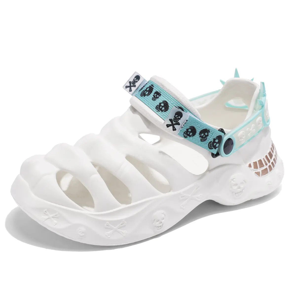 Women's Gothic Embossed Skull Crossbones Chunky Platform Clogs - Breathable Footwear with 2-Way Convertible Adjustable Heel Strap, Hollow EVA Anti-Slip Snap Button Slides for Beach Use