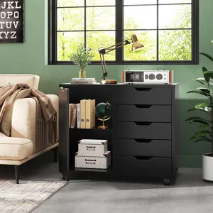 5 Drawer File Cabinet Office Drawers Organizer with Wheels Rolliing, Under Desk Cabinets with Shelves and Door Printer Stand with Wood Board Metal Frame for Home Office Storage Craft Room