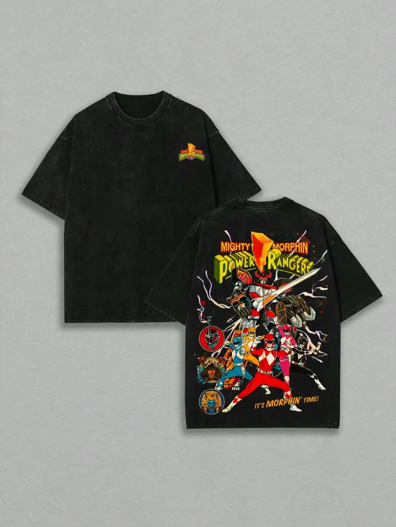 Retro Washed Black Oversized Power Rangers Graphic Tee, It's Morphin Time Comic Shirt For Men & Women! Y2K Streetwear Casual Outfits, Premium Unisex Superhero Fan Gift Merch, Edgy Gym Pump Cover Apparel & Daily Wear Trendy Vintage Loose Fit Daily Tops!