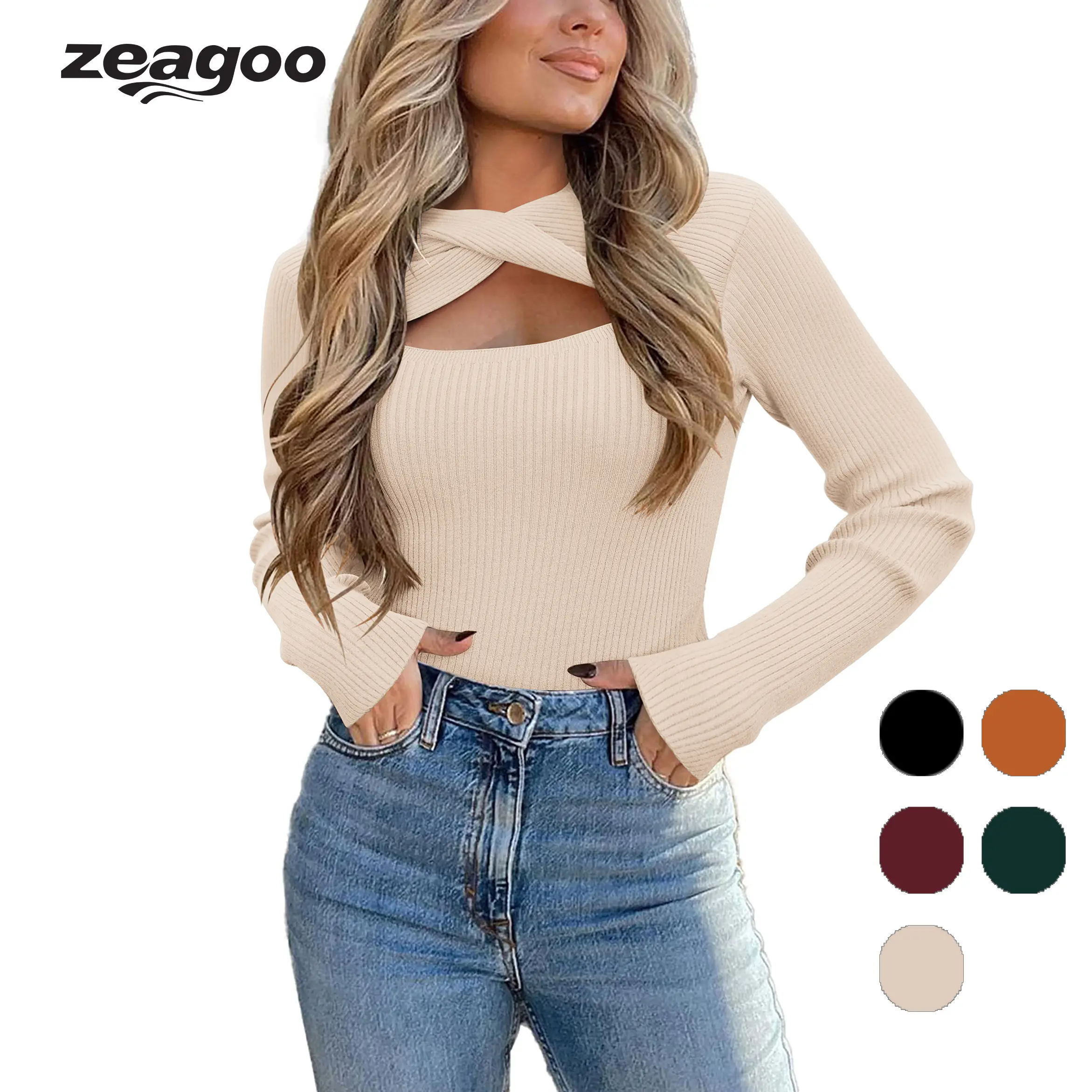 Zeagoo Women's 2024 Clothes Twist Front Cutout Tops Long Sleeve Crew Neck Rib Knit Winter Pullover Sweater S-XXL sweater Womenswear Breathable